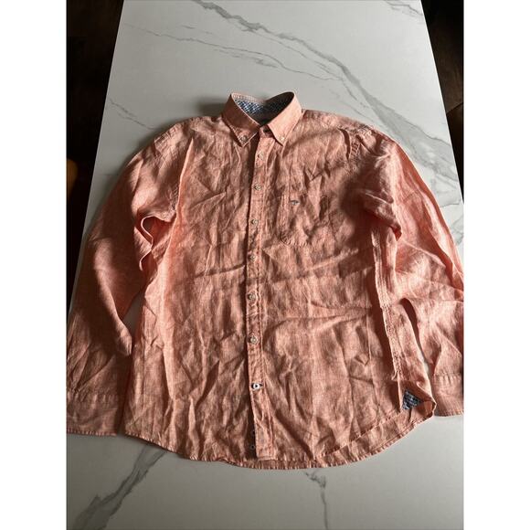 Fynch Hatton Shirt Mens Size Medium 100% Premium Linen Orange Woven Long Sleeve - Picture 1 of 16